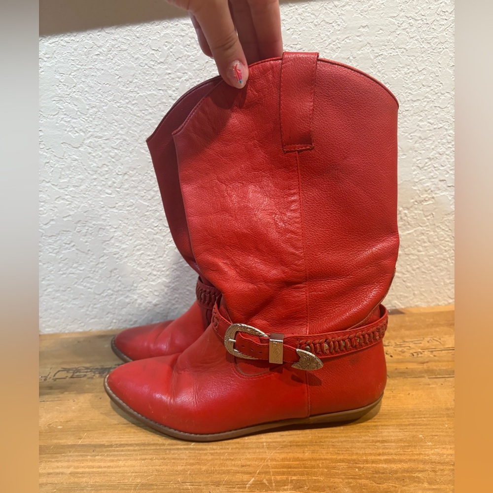 VTG 80s Red Leather Buckle Pointed Toe Mid Calf Booties